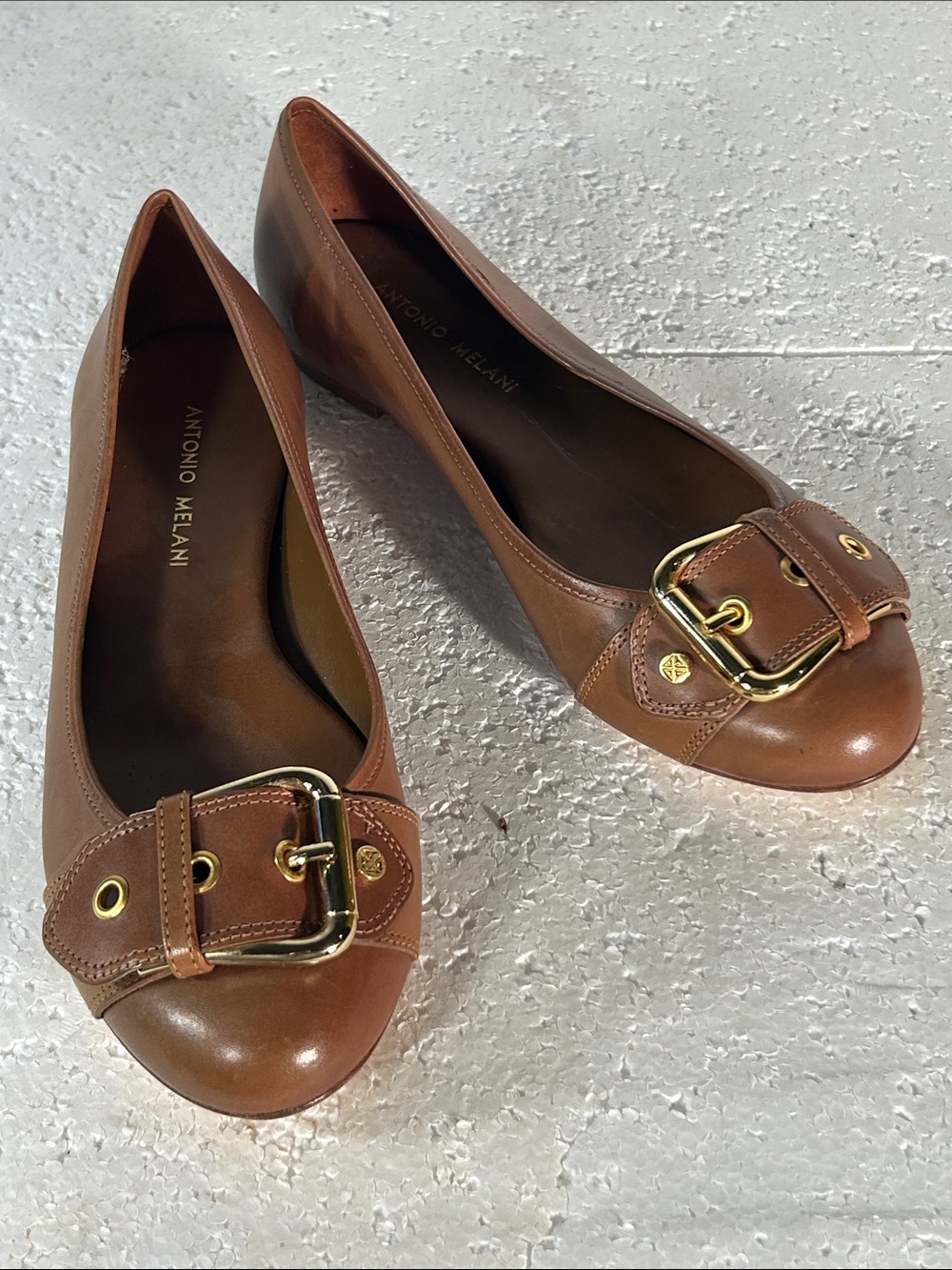 Antonio Melani SZ 8 Brown Leather Ballet Flats Buckle Old Money Staple Academia